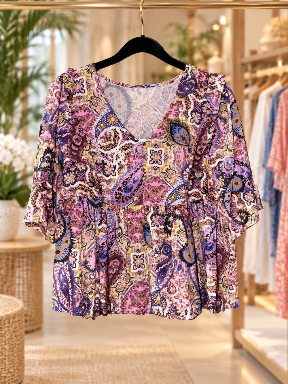 Dear John Moonscape Paisley Ruffle Sleeve V-Neck Blouse XS NWT Resort Travel